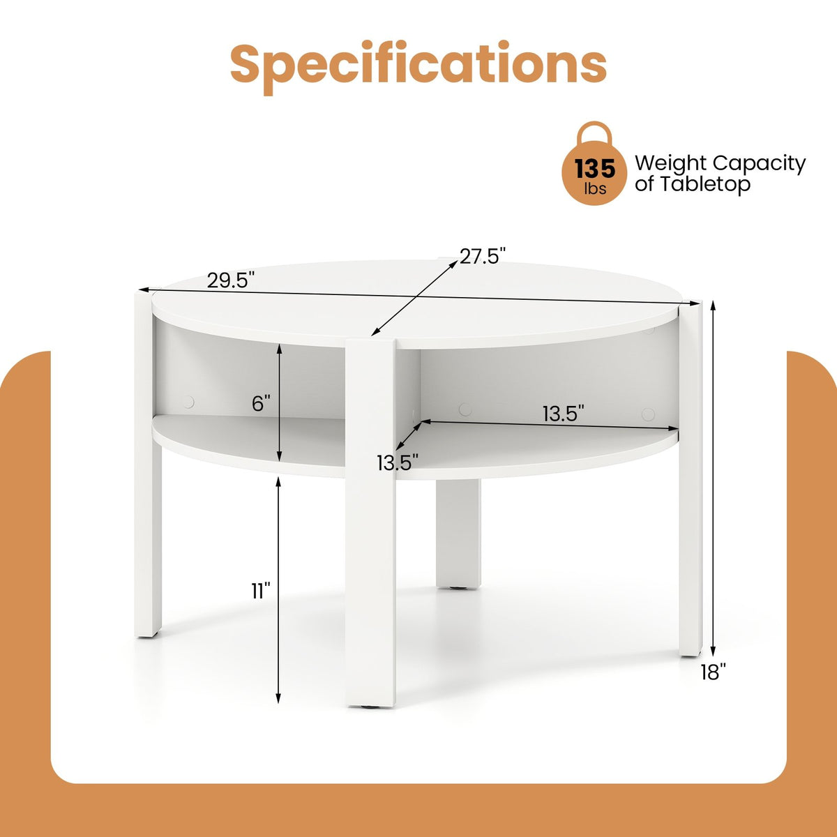29.5 Inch Round Coffee Table with Storage Shelves for Small Space-White view 5