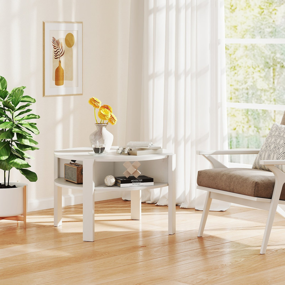 29.5 Inch Round Coffee Table with Storage Shelves for Small Space-White view 6
