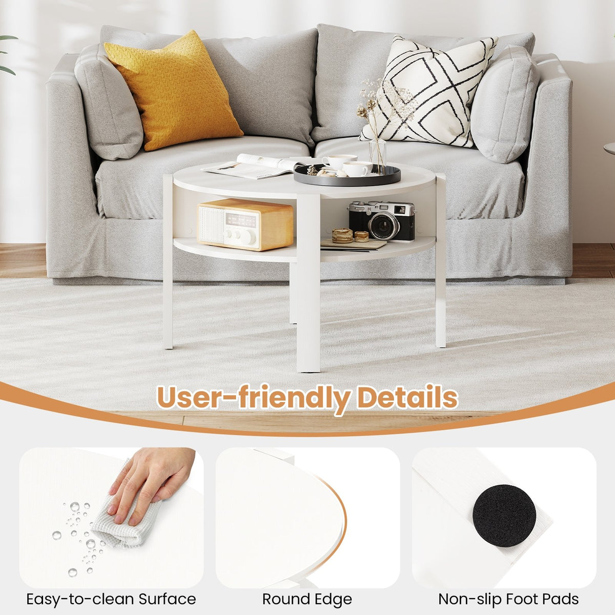 29.5 Inch Round Coffee Table with Storage Shelves for Small Space-White view 7