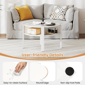 29.5 Inch Round Coffee Table with Storage Shelves for Small Space-White view 7