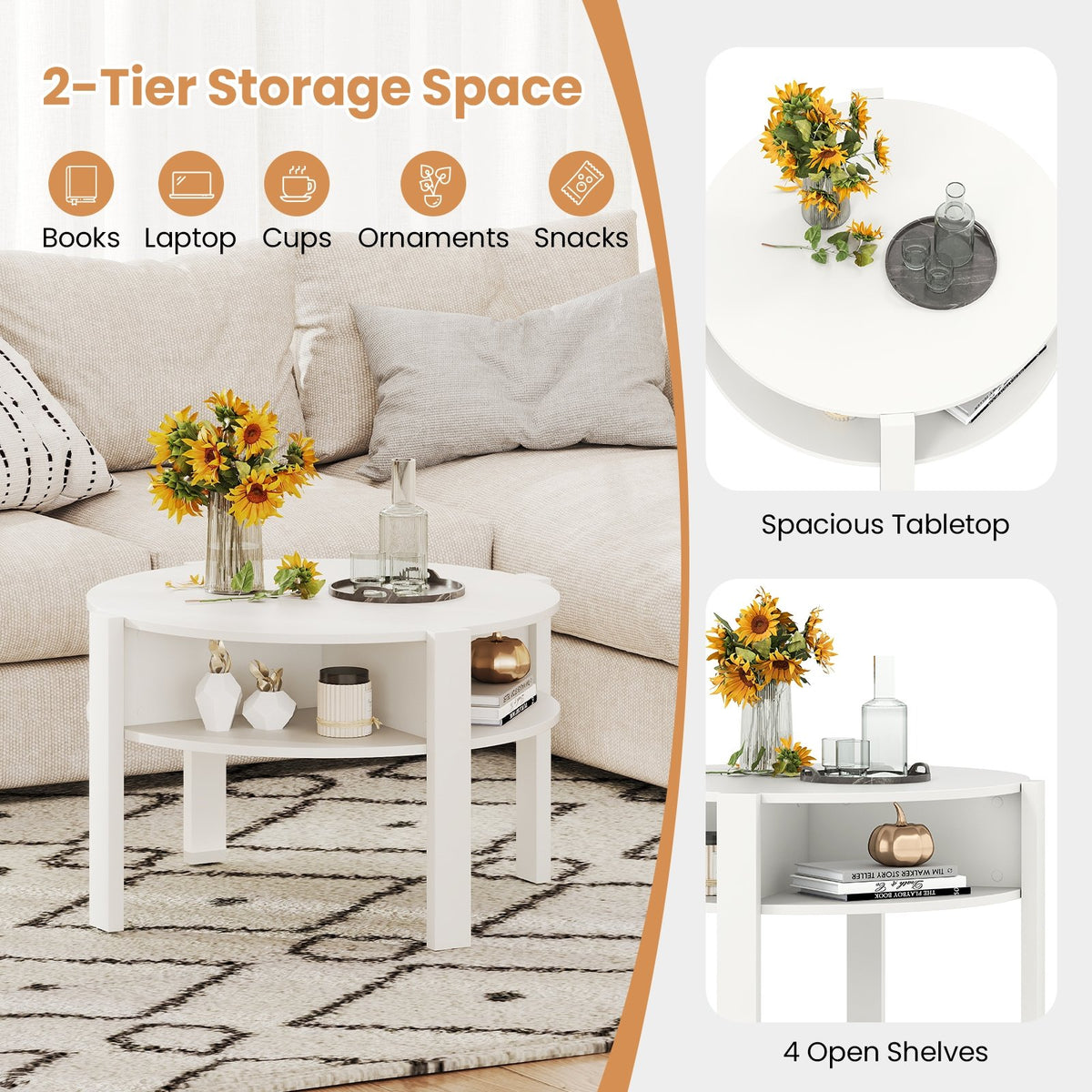 29.5 Inch Round Coffee Table with Storage Shelves for Small Space-White view 9