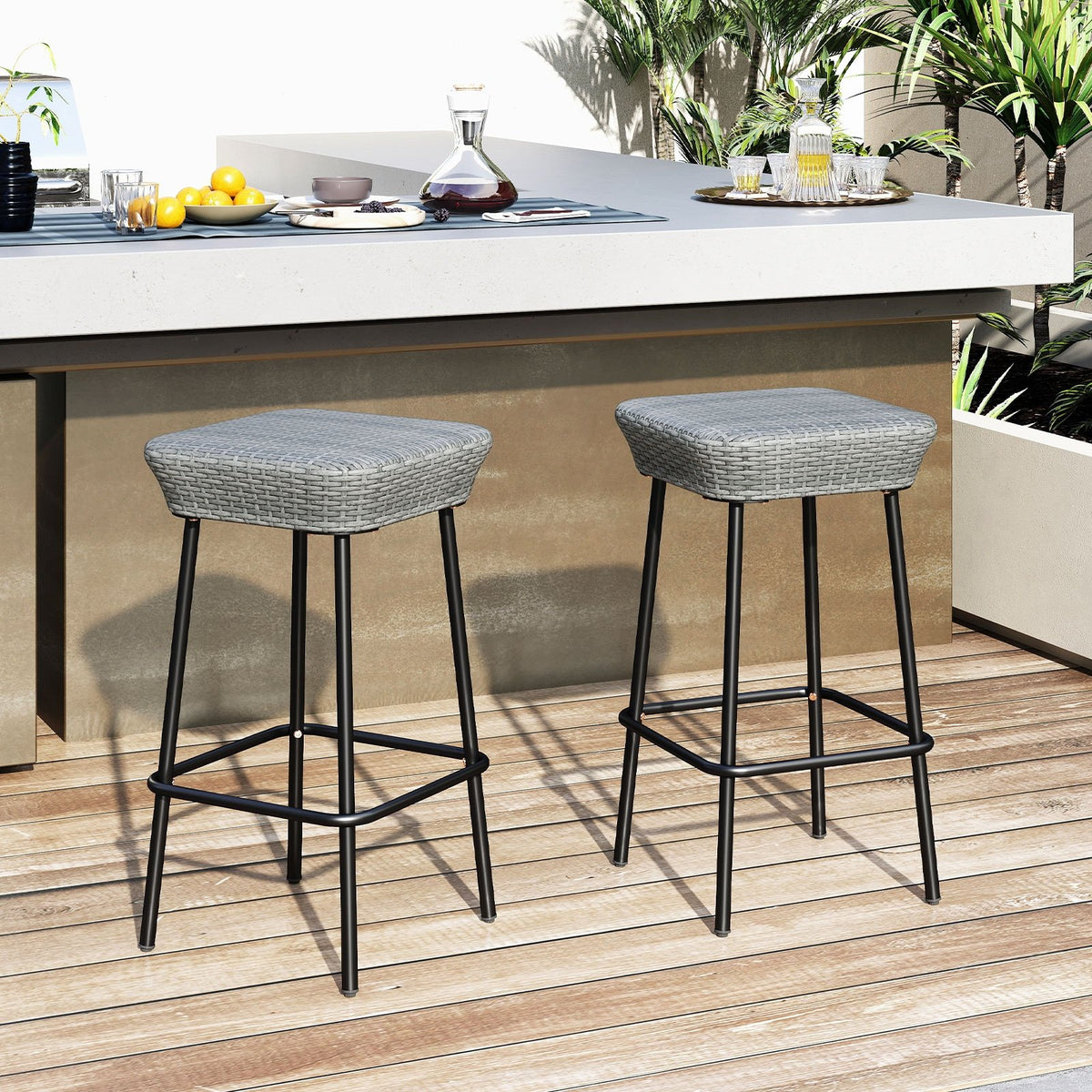 29.5 Inches Patio Bar Stools Set of 2 with Rattan Seat and Footrest view 2