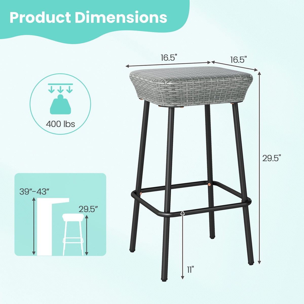 29.5 Inches Patio Bar Stools Set of 2 with Rattan Seat and Footrest view 4
