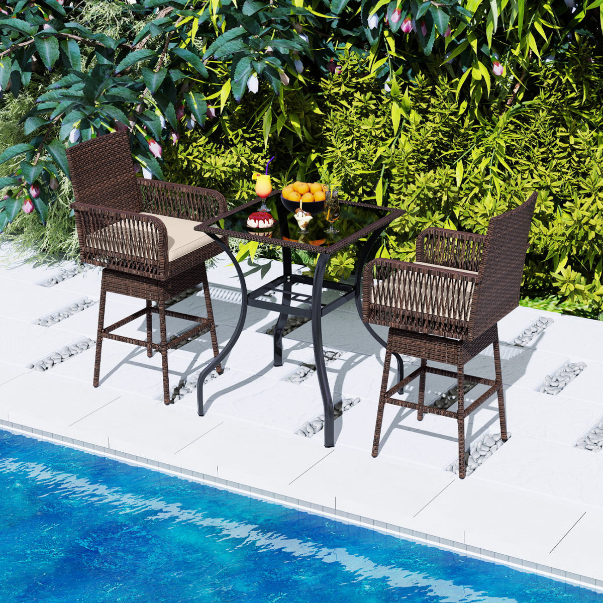 29” Bar Height Patio 360° Swivel Bar Stool with Cross-Woven Armrests Footrest and Seat Cushion-Brown view 2