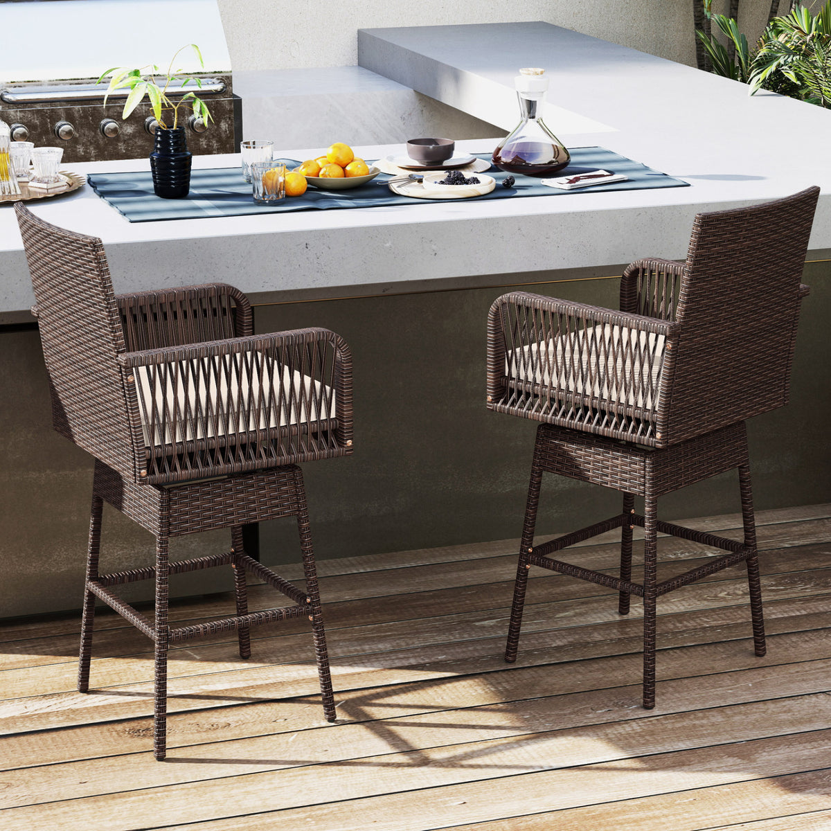 29” Bar Height Patio 360° Swivel Bar Stool with Cross-Woven Armrests Footrest and Seat Cushion-Brown view 3