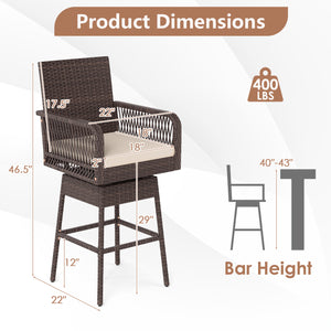 29” Bar Height Patio 360° Swivel Bar Stool with Cross-Woven Armrests Footrest and Seat Cushion-Brown view 4