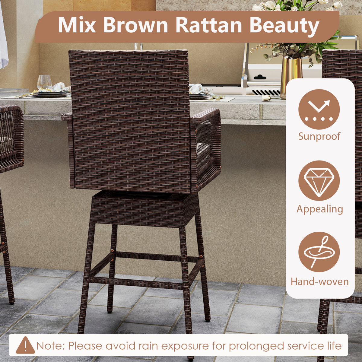 29” Bar Height Patio 360° Swivel Bar Stool with Cross-Woven Armrests Footrest and Seat Cushion-Brown view 5