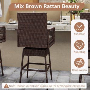 29” Bar Height Patio 360° Swivel Bar Stool with Cross-Woven Armrests Footrest and Seat Cushion-Brown view 5