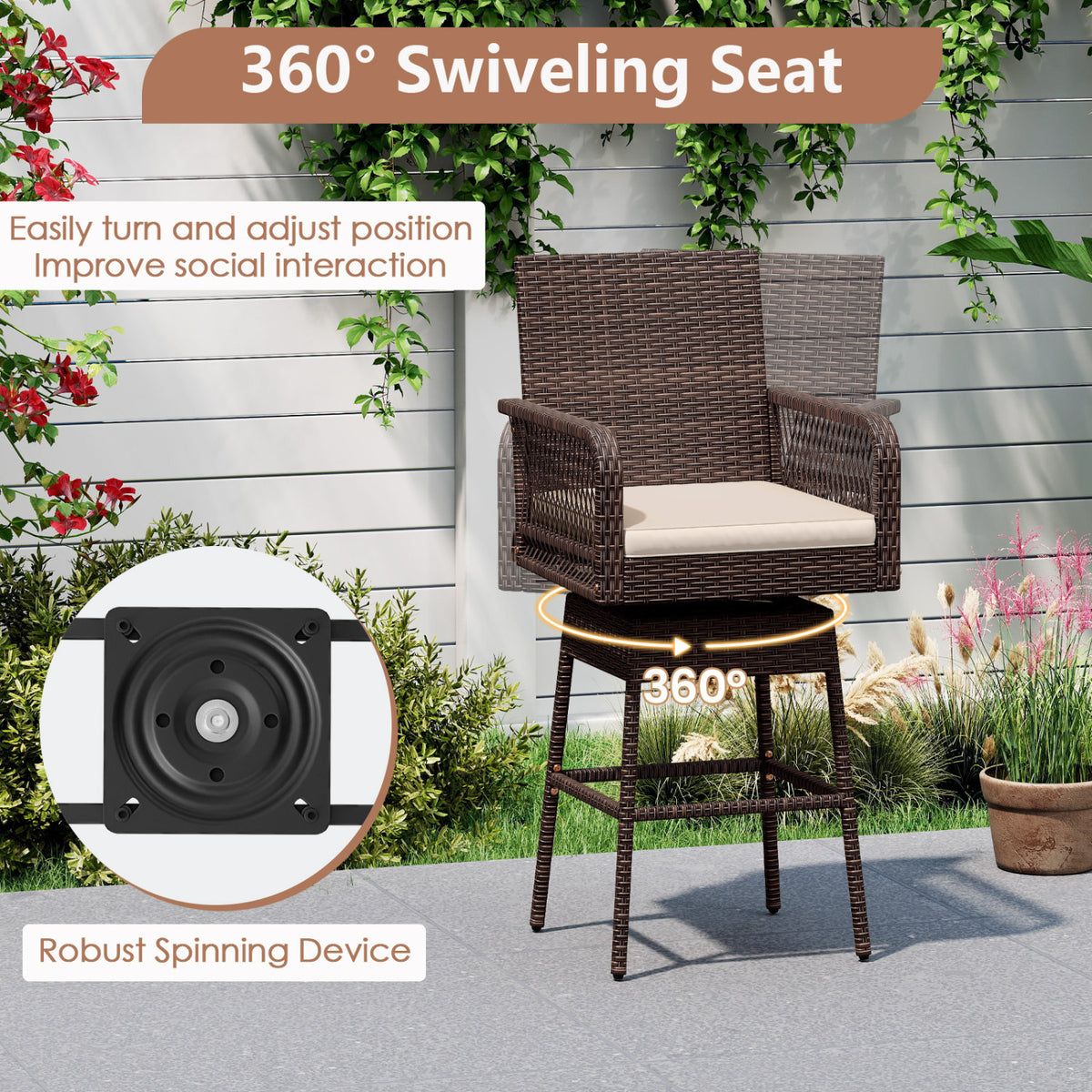 29” Bar Height Patio 360° Swivel Bar Stool with Cross-Woven Armrests Footrest and Seat Cushion-Brown view 6