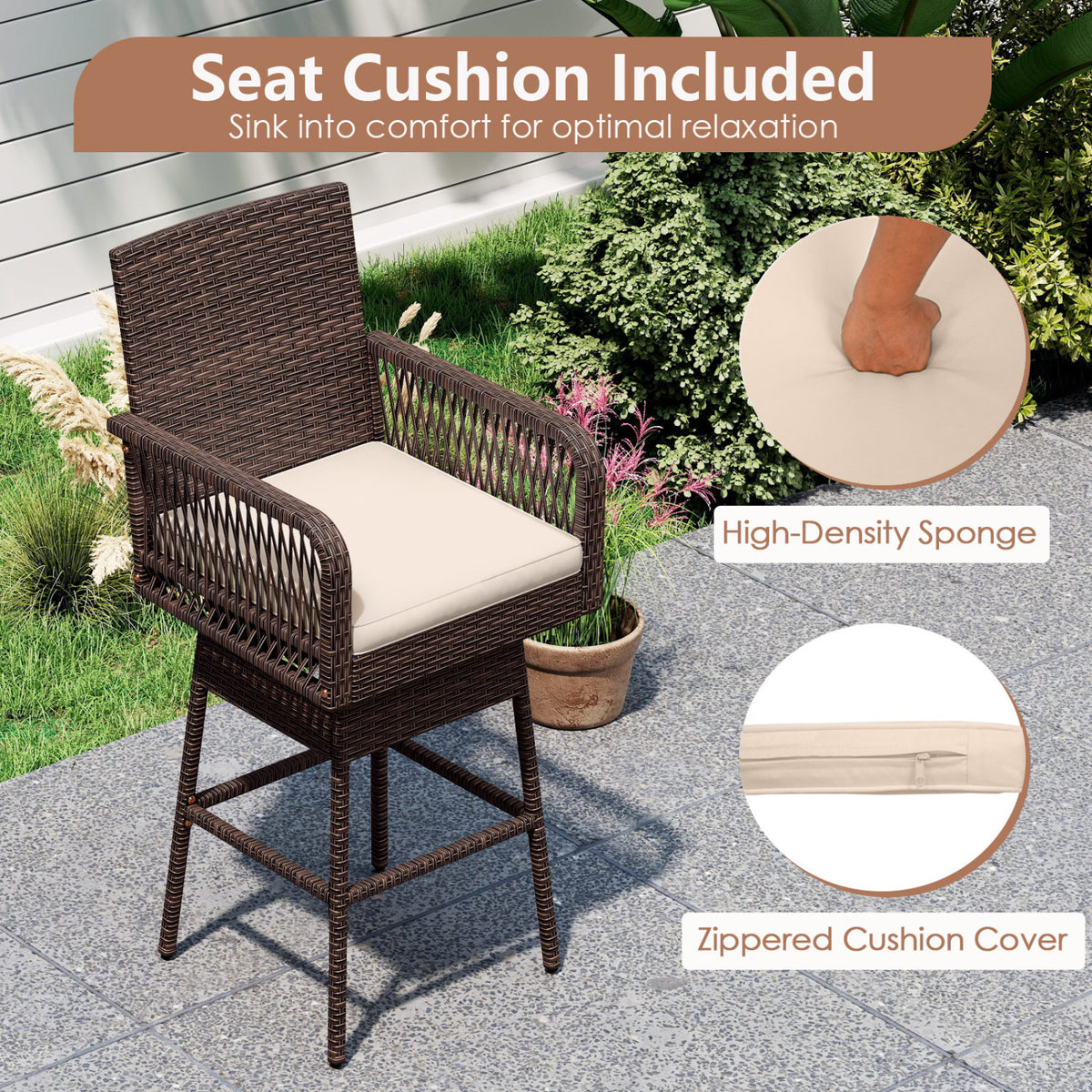 29” Bar Height Patio 360° Swivel Bar Stool with Cross-Woven Armrests Footrest and Seat Cushion-Brown view 7