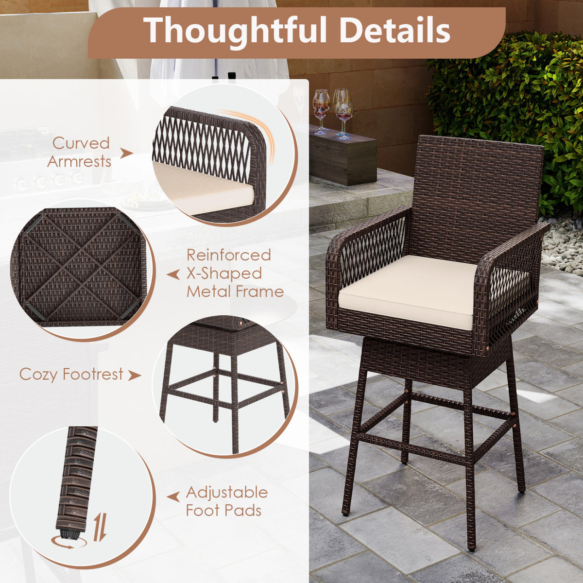 29” Bar Height Patio 360° Swivel Bar Stool with Cross-Woven Armrests Footrest and Seat Cushion-Brown view 8