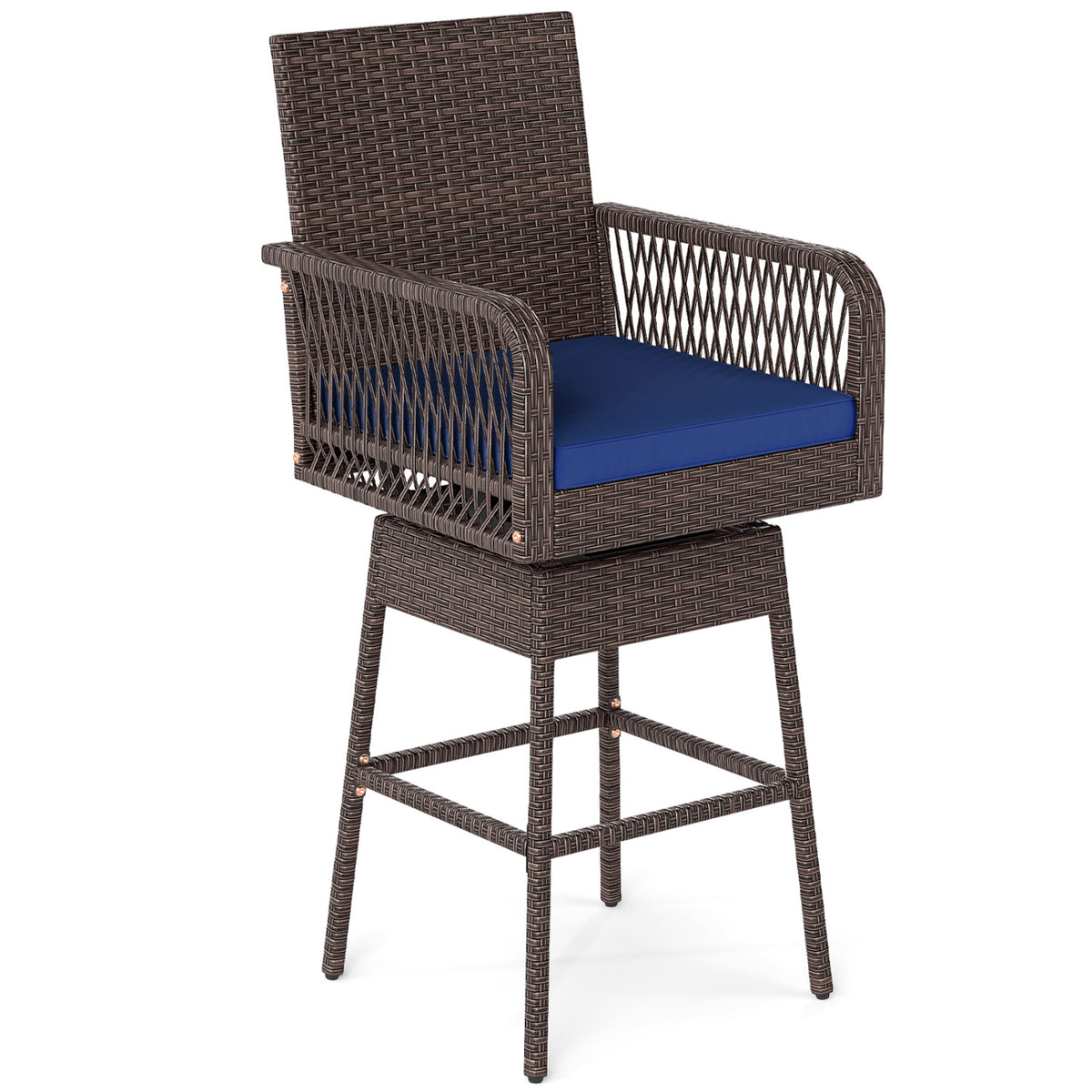 29” Bar Height Patio 360° Swivel Bar Stool with Cross-Woven Armrests Footrest and Seat Cushion-Navy