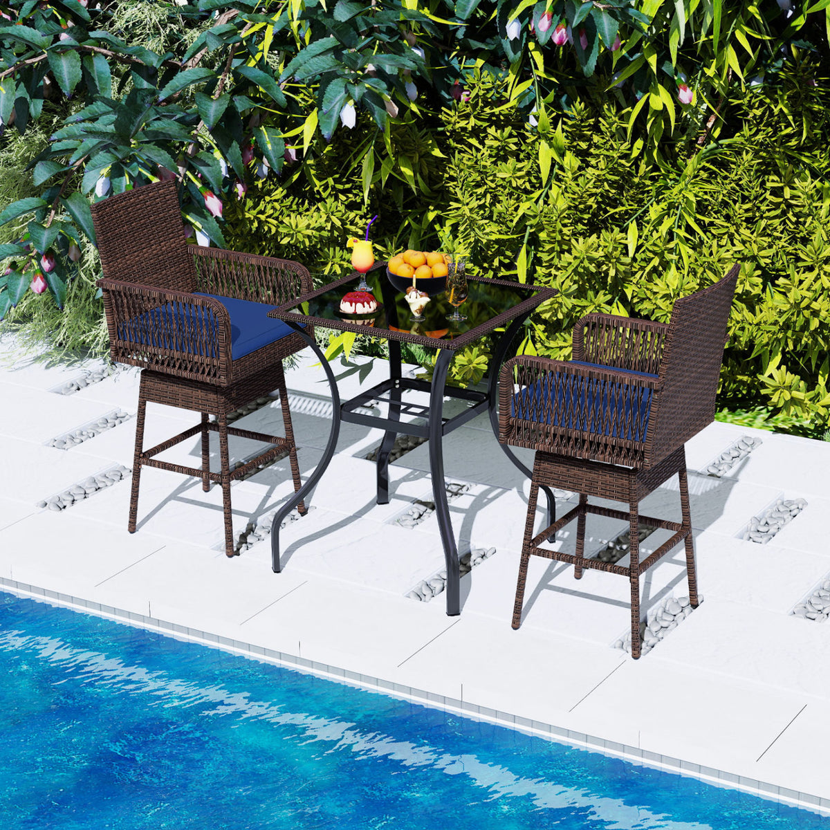 29” Bar Height Patio 360° Swivel Bar Stool with Cross-Woven Armrests Footrest and Seat Cushion-Navy view 2