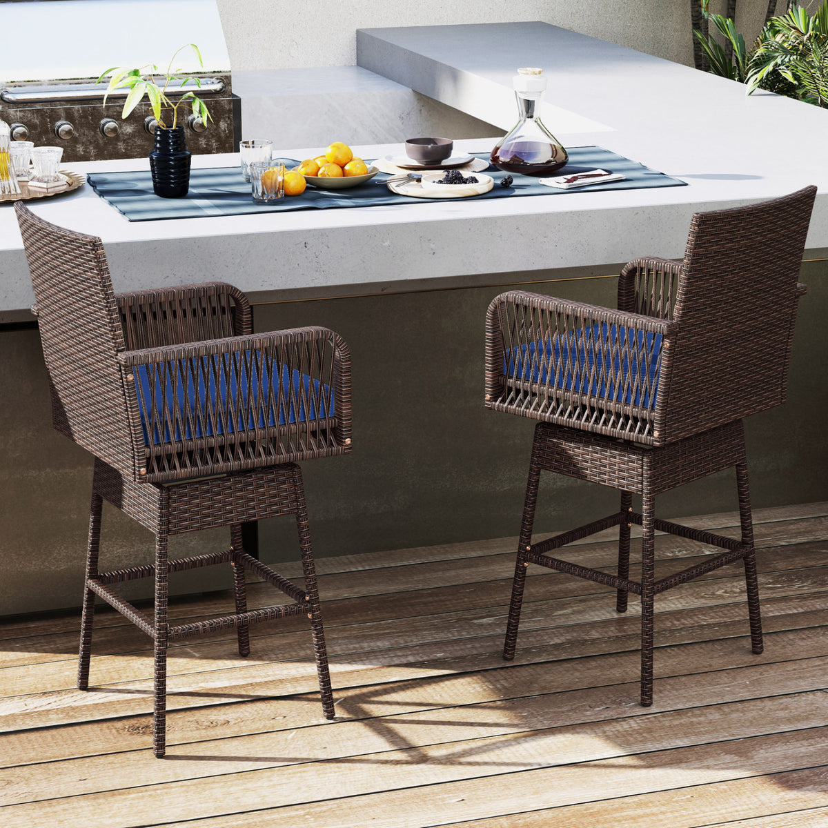 29” Bar Height Patio 360° Swivel Bar Stool with Cross-Woven Armrests Footrest and Seat Cushion-Navy view 3