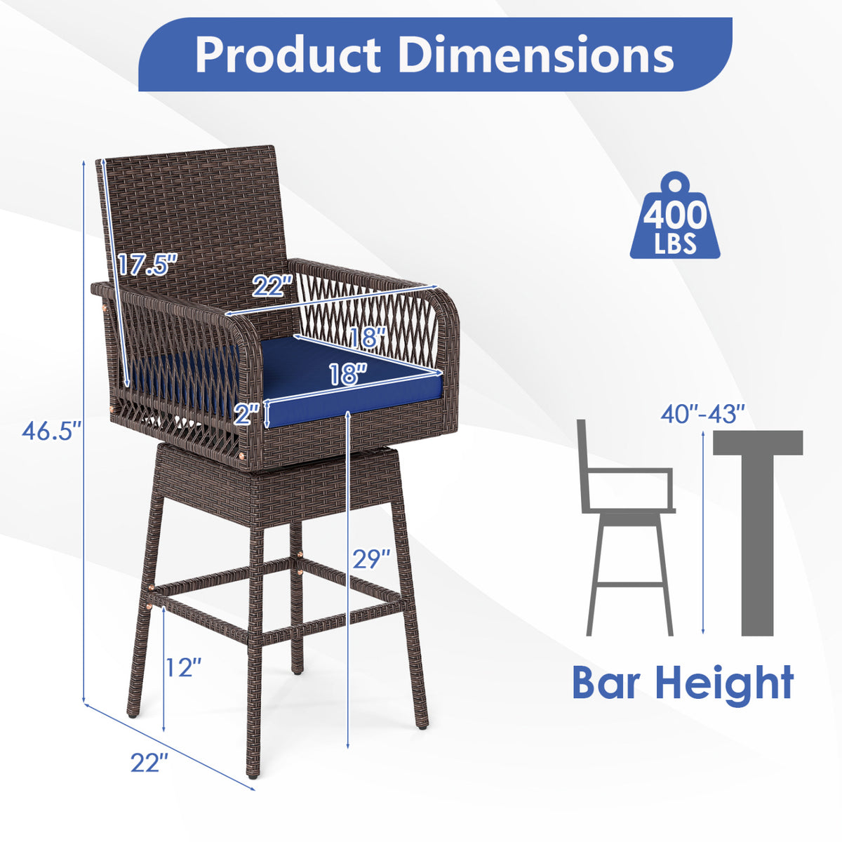 29” Bar Height Patio 360° Swivel Bar Stool with Cross-Woven Armrests Footrest and Seat Cushion-Navy view 4