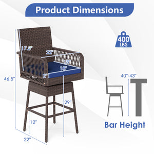 29” Bar Height Patio 360° Swivel Bar Stool with Cross-Woven Armrests Footrest and Seat Cushion-Navy view 4