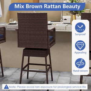 29” Bar Height Patio 360° Swivel Bar Stool with Cross-Woven Armrests Footrest and Seat Cushion-Navy view 5