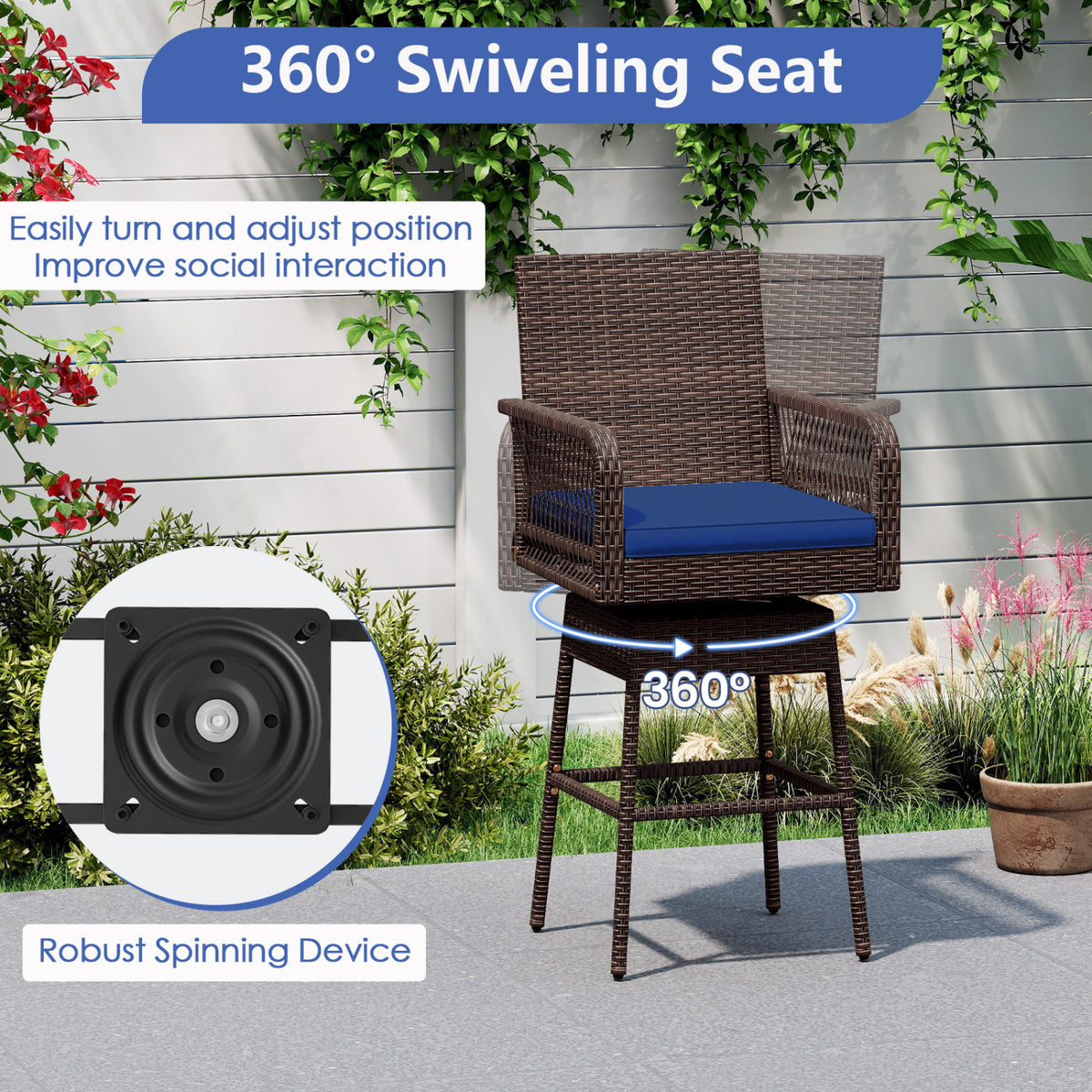 29” Bar Height Patio 360° Swivel Bar Stool with Cross-Woven Armrests Footrest and Seat Cushion-Navy view 6