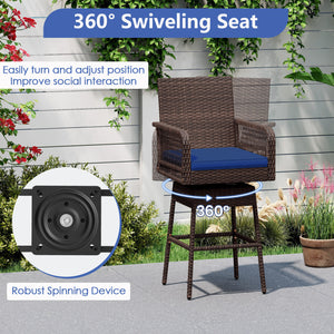 29” Bar Height Patio 360° Swivel Bar Stool with Cross-Woven Armrests Footrest and Seat Cushion-Navy view 6