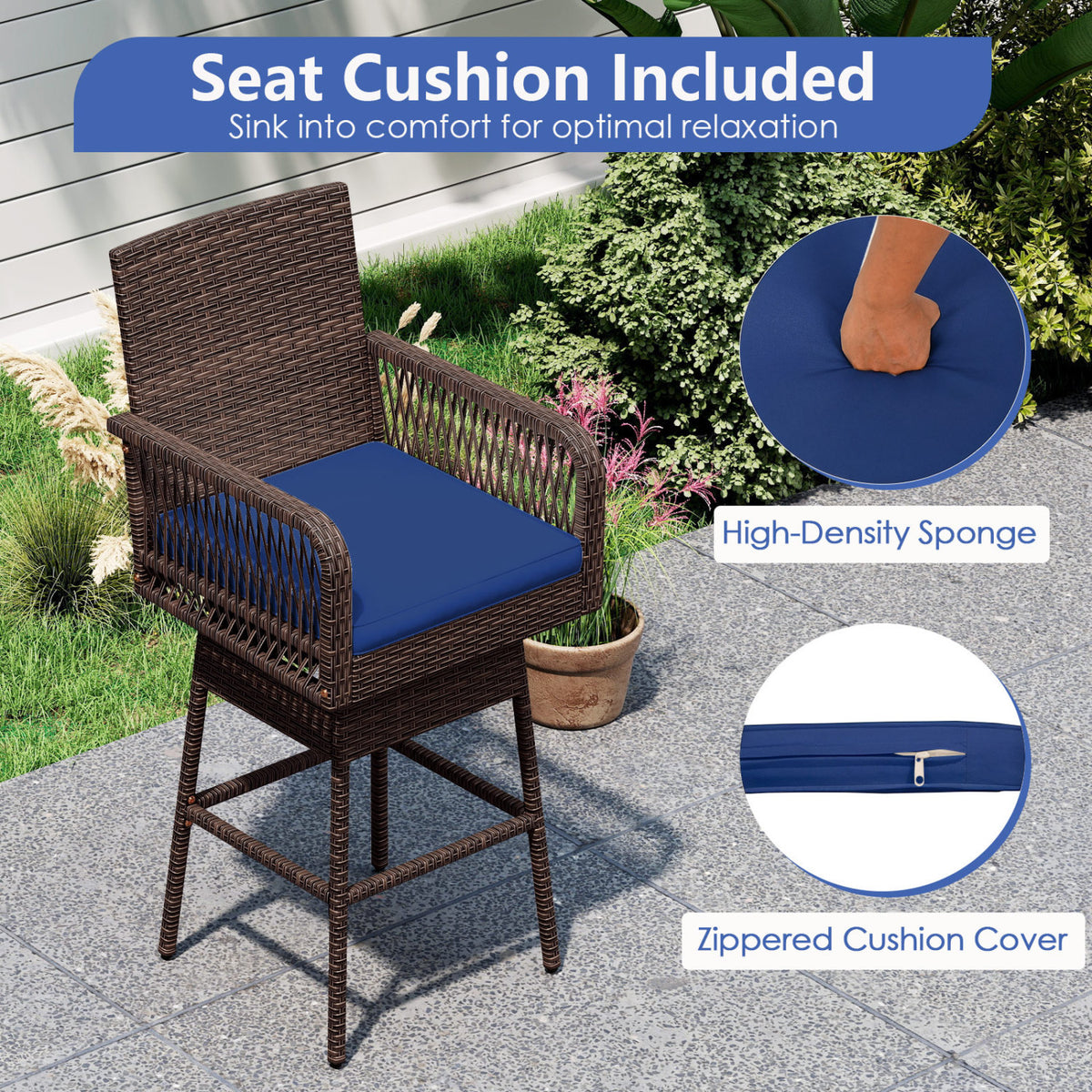 29” Bar Height Patio 360° Swivel Bar Stool with Cross-Woven Armrests Footrest and Seat Cushion-Navy view 7