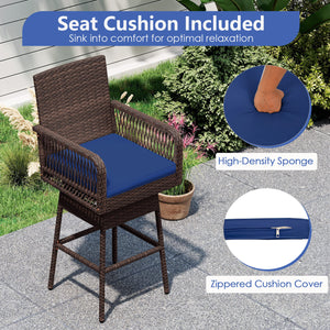 29” Bar Height Patio 360° Swivel Bar Stool with Cross-Woven Armrests Footrest and Seat Cushion-Navy view 7