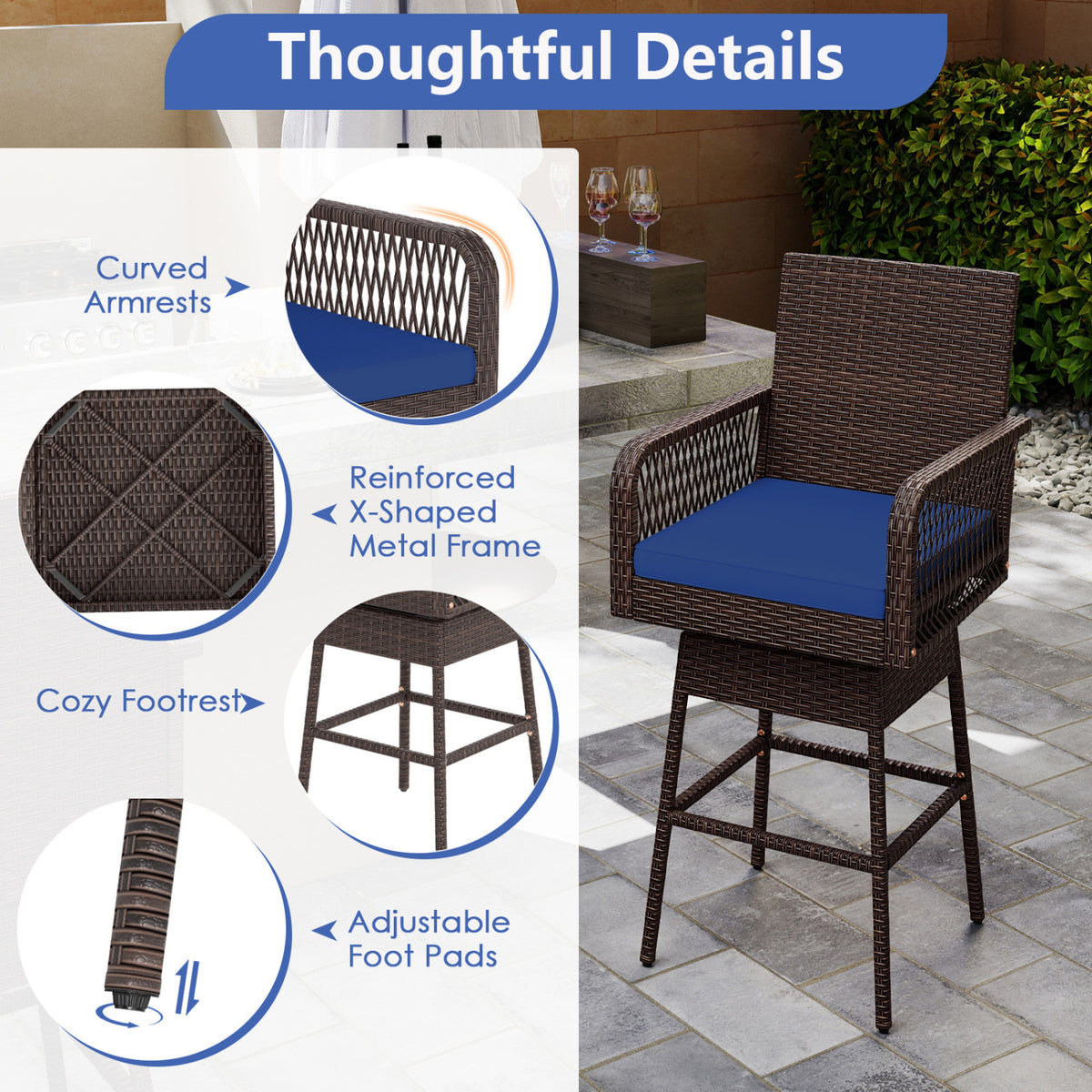 29” Bar Height Patio 360° Swivel Bar Stool with Cross-Woven Armrests Footrest and Seat Cushion-Navy view 8