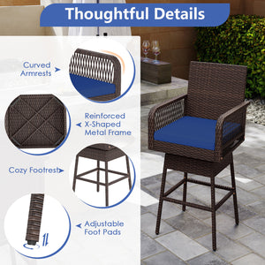 29” Bar Height Patio 360° Swivel Bar Stool with Cross-Woven Armrests Footrest and Seat Cushion-Navy view 8