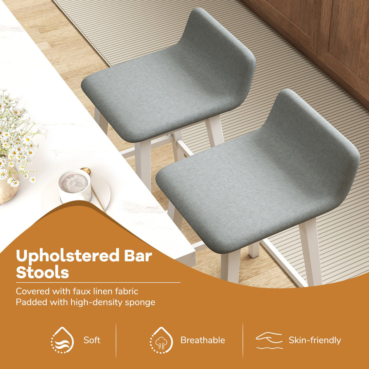 29 Inch Low-Back High-Top Chairs with Padded Seat and Rubber Wood Legs-White view 6