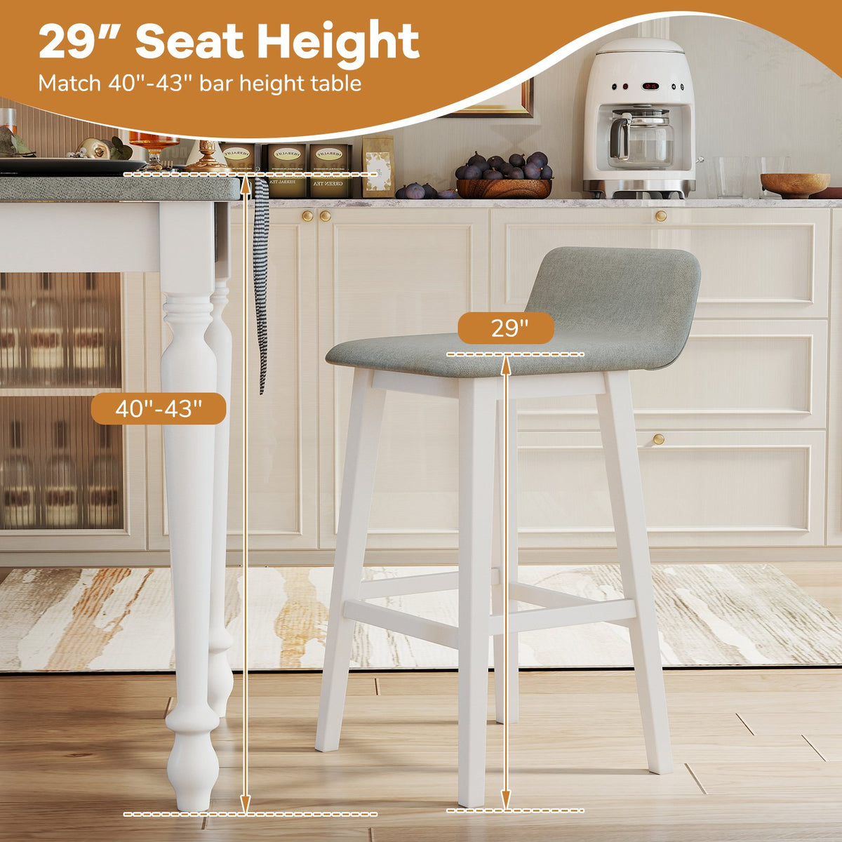 29 Inch Low-Back High-Top Chairs with Padded Seat and Rubber Wood Legs-White view 8