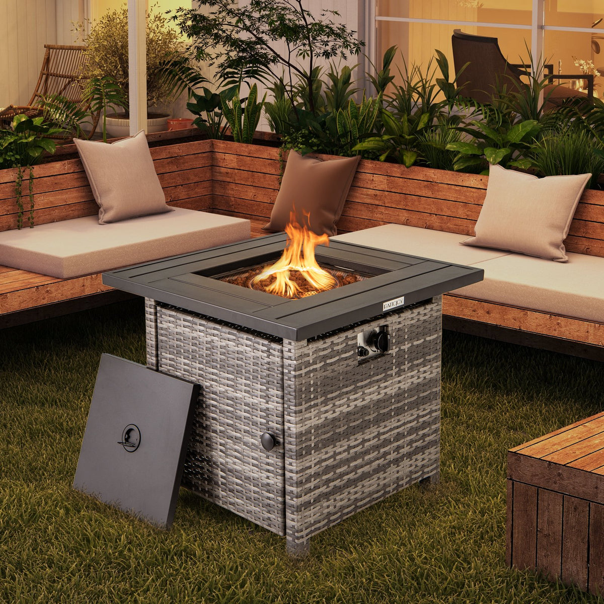 29 Inch Propane Rattan Firepit Table with Lava Rocks and Protective Cover-Gray view 2