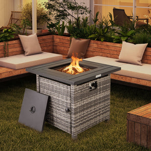 29 Inch Propane Rattan Firepit Table with Lava Rocks and Protective Cover-Gray view 2