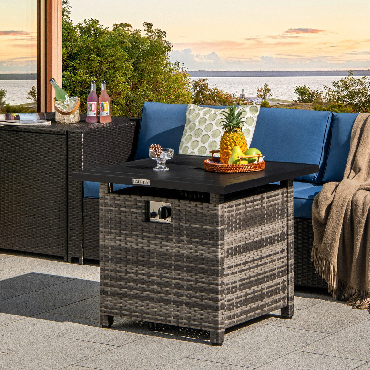 29 Inch Propane Rattan Firepit Table with Lava Rocks and Protective Cover-Gray view 3