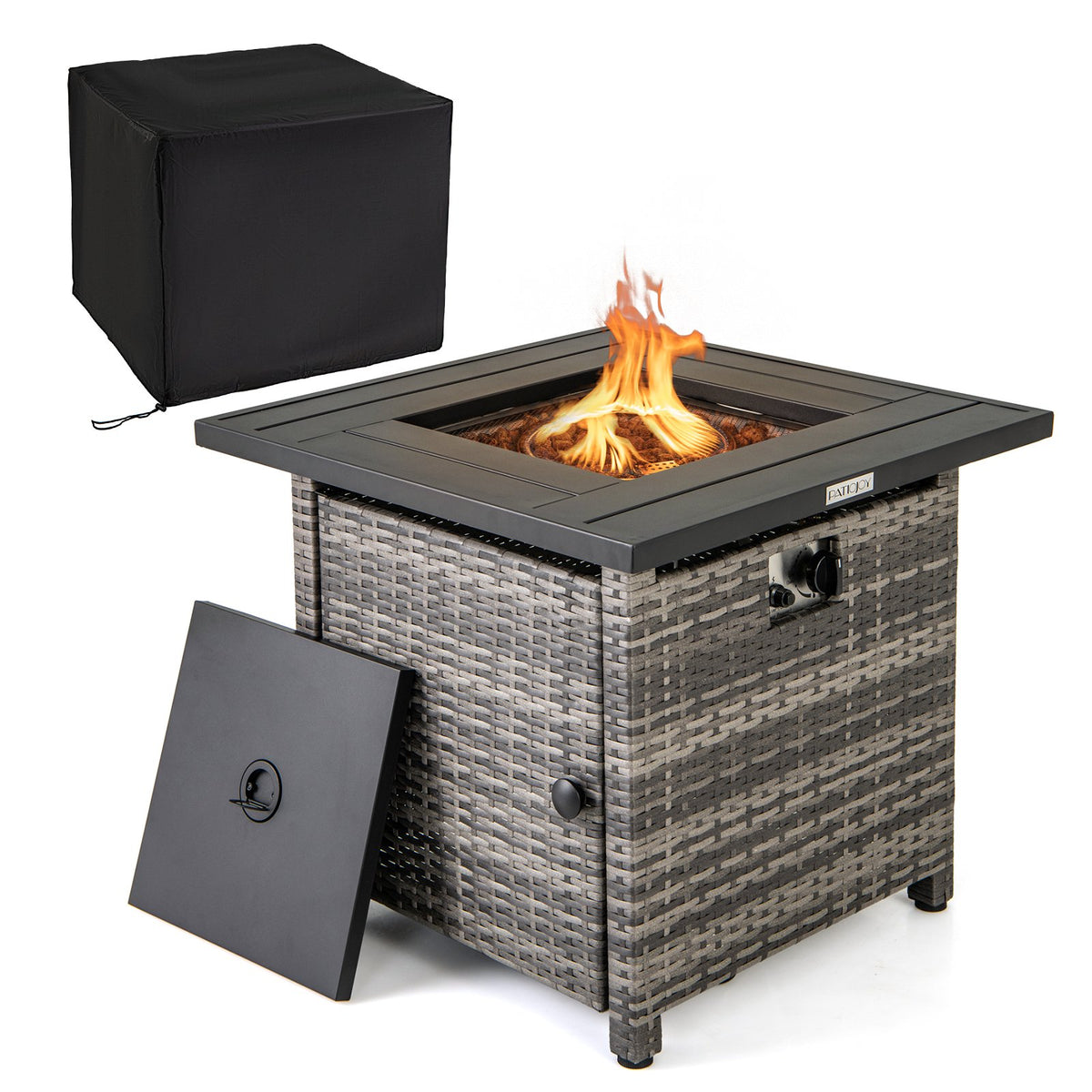 29 Inch Propane Rattan Firepit Table with Lava Rocks and Protective Cover-Gray view 4