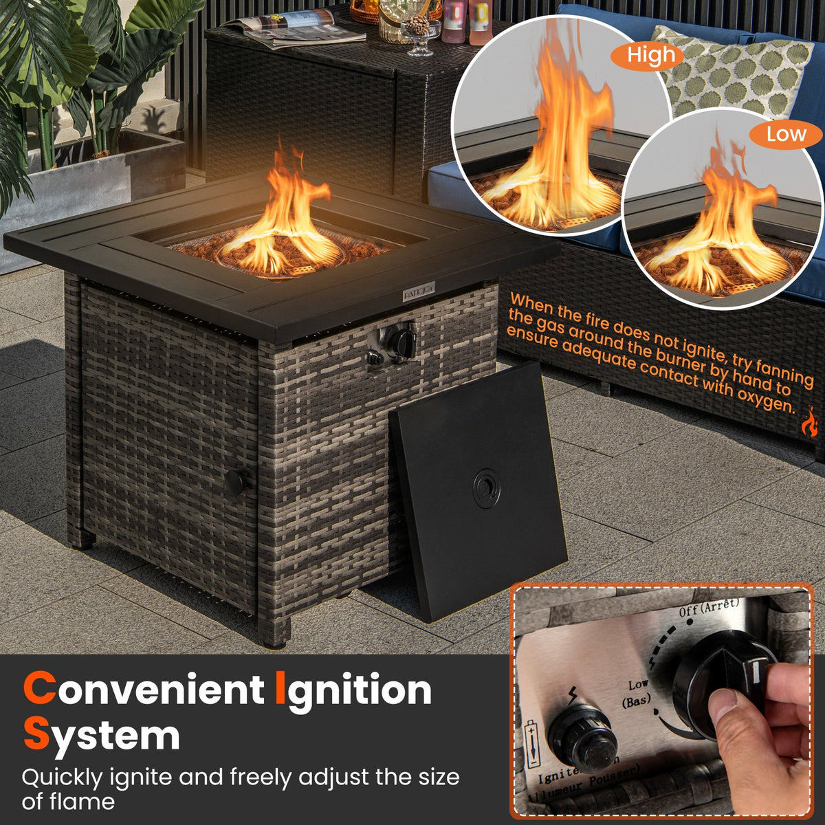 29 Inch Propane Rattan Firepit Table with Lava Rocks and Protective Cover-Gray view 6