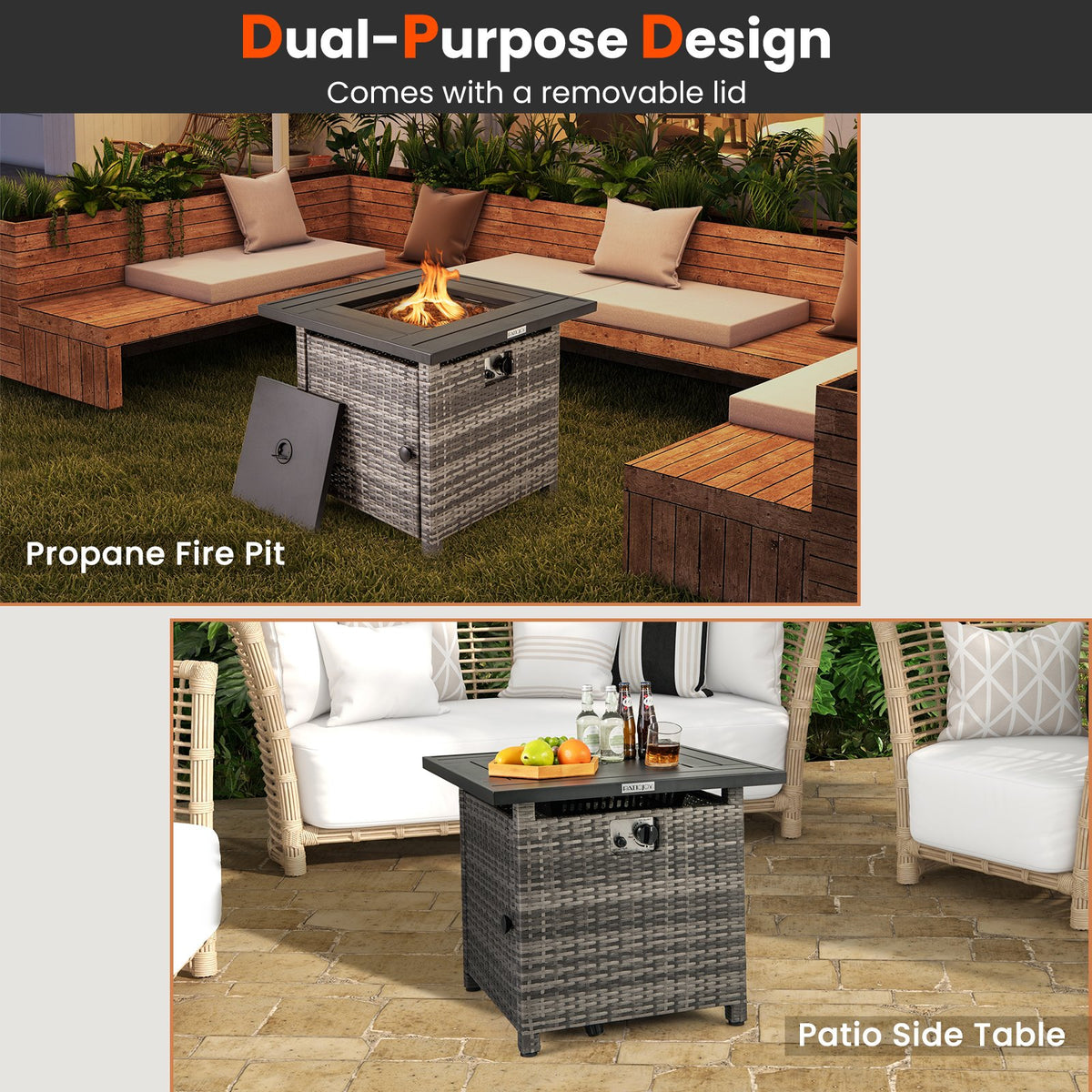 29 Inch Propane Rattan Firepit Table with Lava Rocks and Protective Cover-Gray view 7