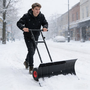 29 Inch Snow Pusher Heavy Duty Metal Shovel with Wheels and Adjustable Handle-Black view 2