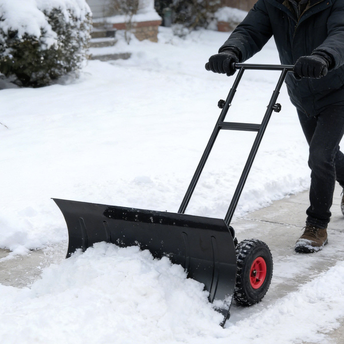 29 Inch Snow Pusher Heavy Duty Metal Shovel with Wheels and Adjustable Handle-Black view 3