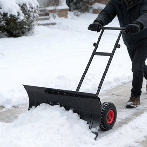 29 Inch Snow Pusher Heavy Duty Metal Shovel with Wheels and Adjustable Handle-Black view 3
