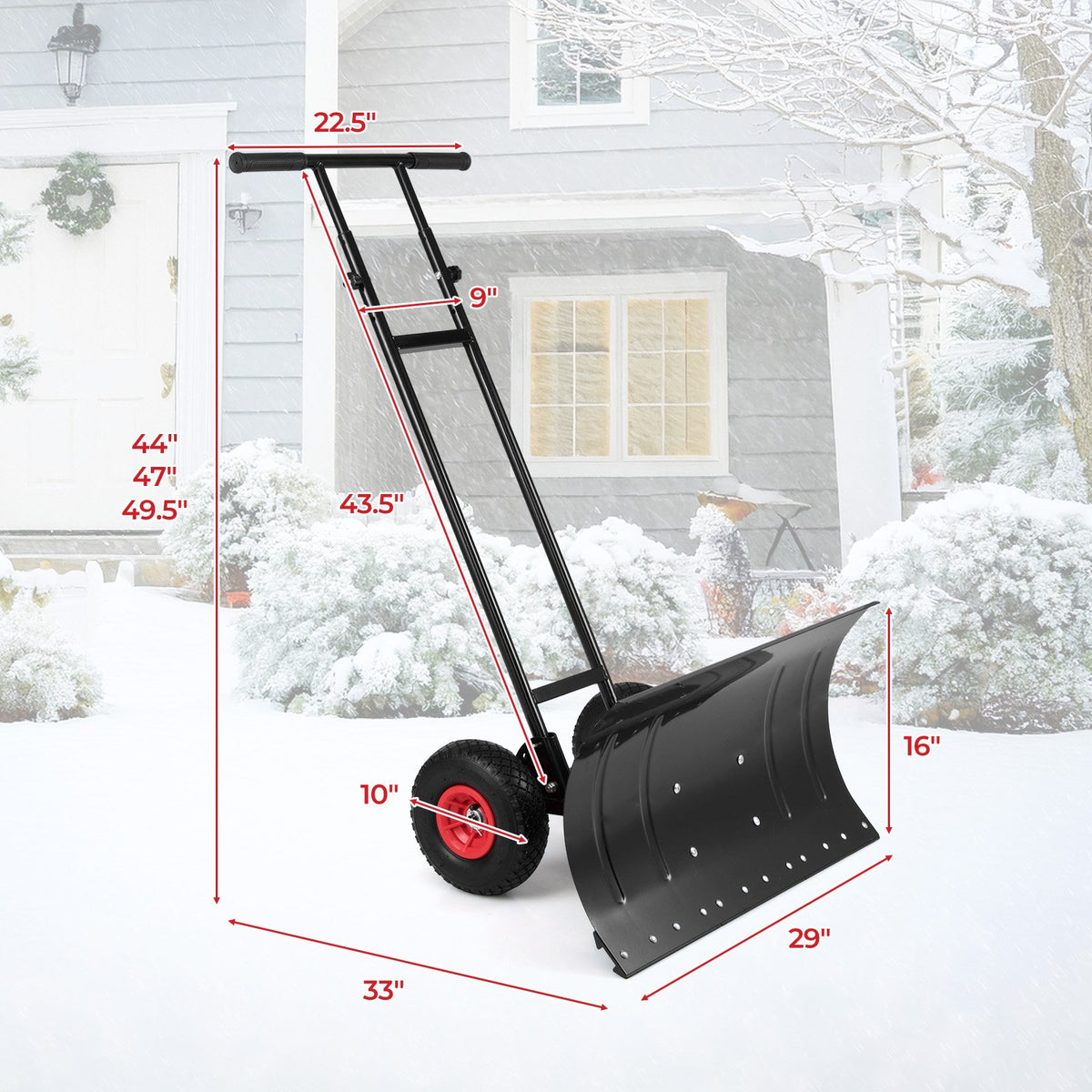 29 Inch Snow Pusher Heavy Duty Metal Shovel with Wheels and Adjustable Handle-Black view 4