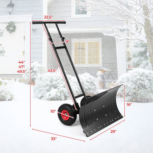 29 Inch Snow Pusher Heavy Duty Metal Shovel with Wheels and Adjustable Handle-Black view 4