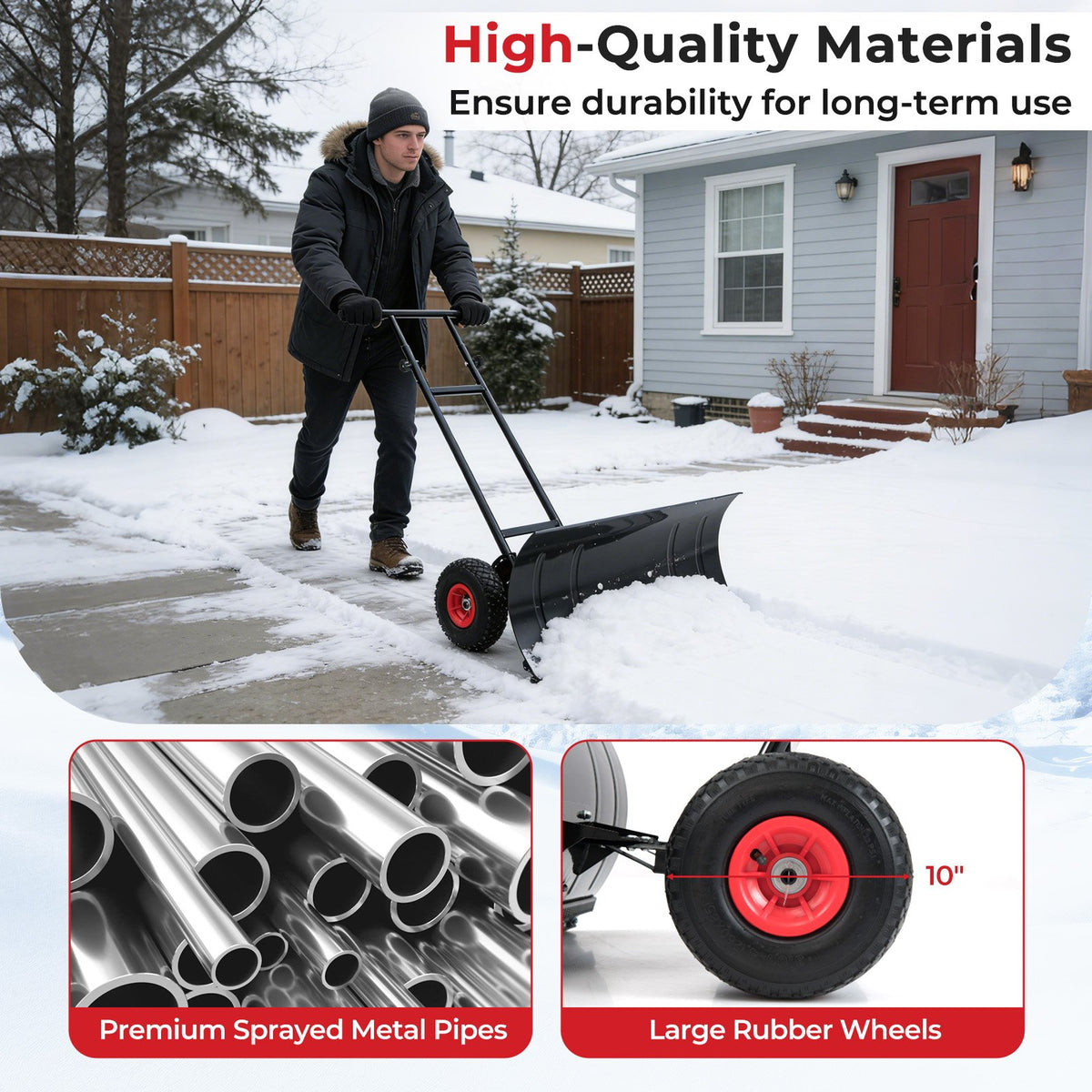 29 Inch Snow Pusher Heavy Duty Metal Shovel with Wheels and Adjustable Handle-Black view 5