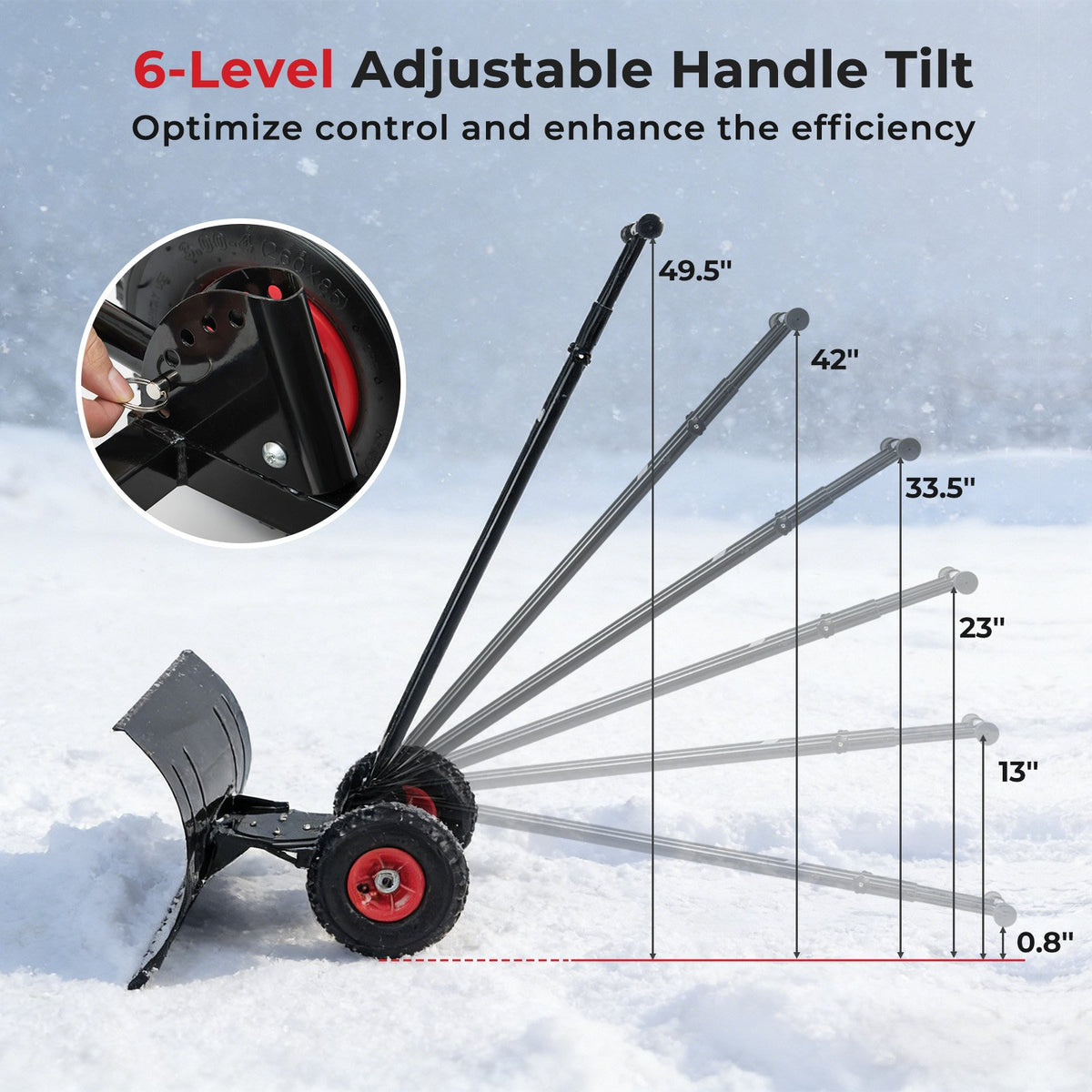 29 Inch Snow Pusher Heavy Duty Metal Shovel with Wheels and Adjustable Handle-Black view 6