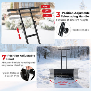 29 Inch Snow Pusher Heavy Duty Metal Shovel with Wheels and Adjustable Handle-Black view 7
