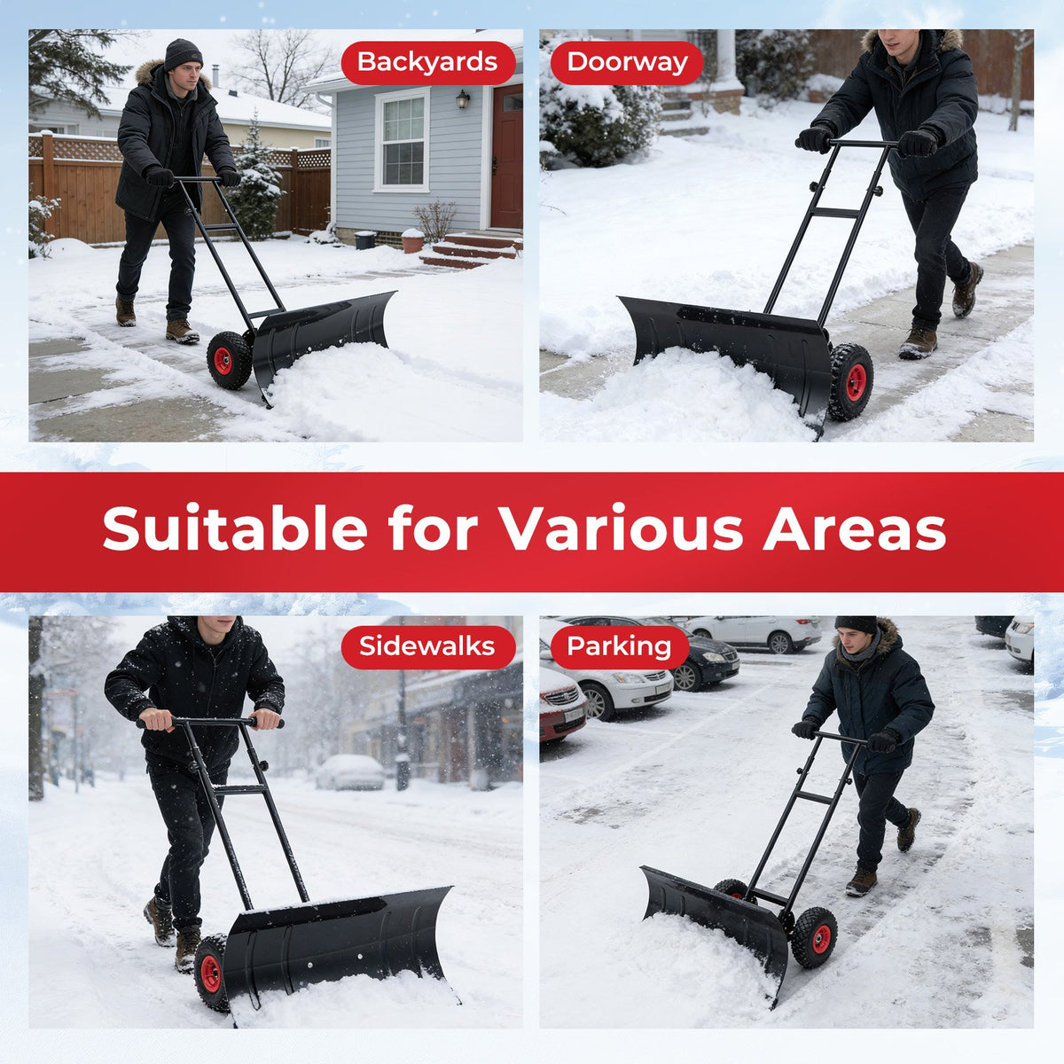 29 Inch Snow Pusher Heavy Duty Metal Shovel with Wheels and Adjustable Handle-Black view 8
