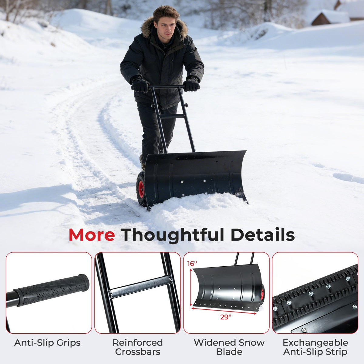 29 Inch Snow Pusher Heavy Duty Metal Shovel with Wheels and Adjustable Handle-Black view 9
