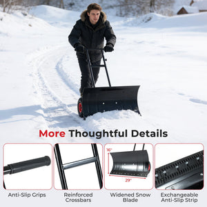 29 Inch Snow Pusher Heavy Duty Metal Shovel with Wheels and Adjustable Handle-Black view 9