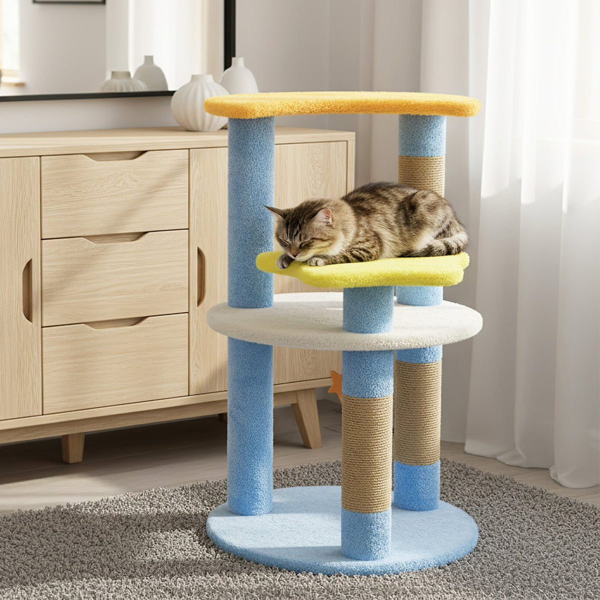 29 Inches Cute Modern Cat Tree with Star and Moon Shaped Platforms-Blue view 3