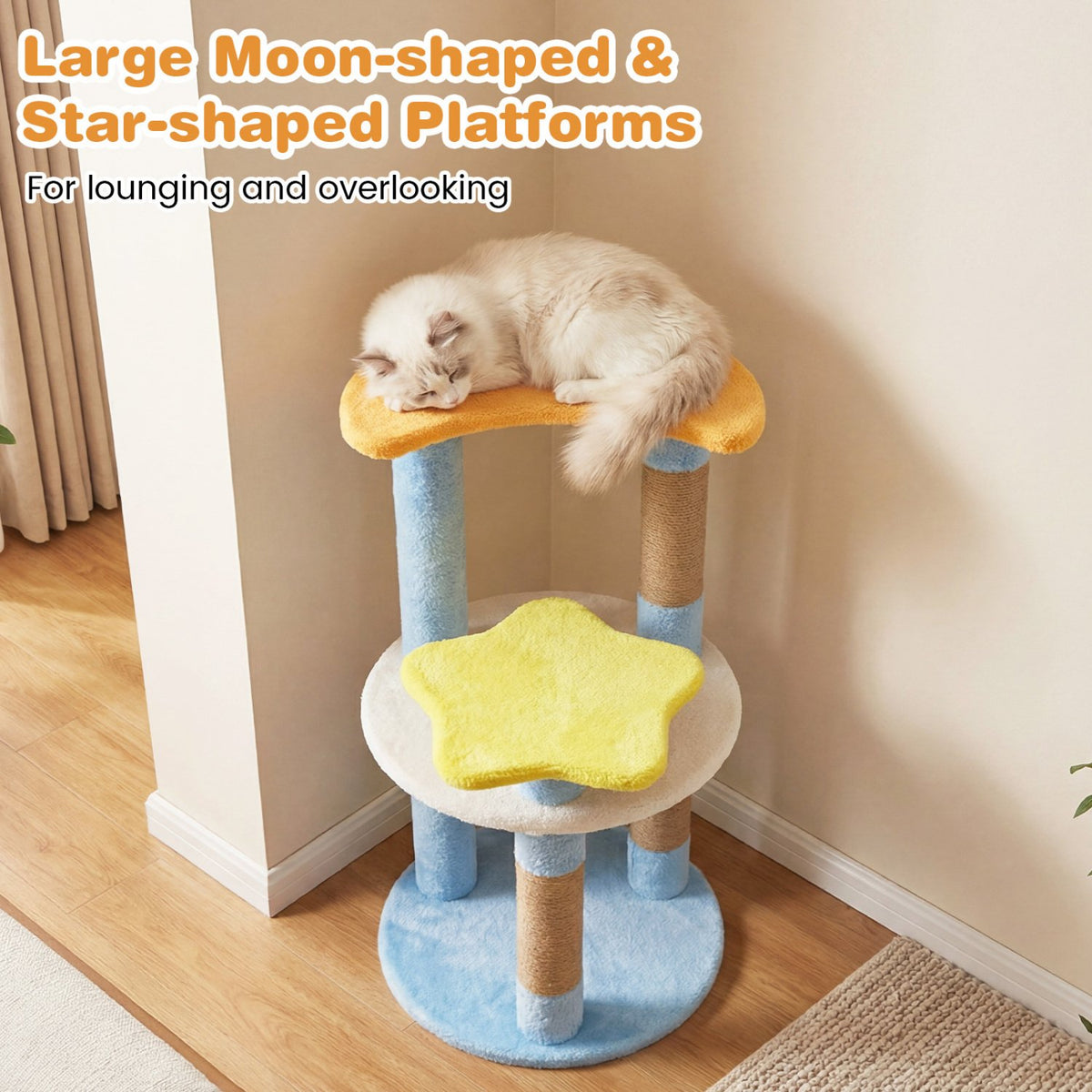 29 Inches Cute Modern Cat Tree with Star and Moon Shaped Platforms-Blue view 6