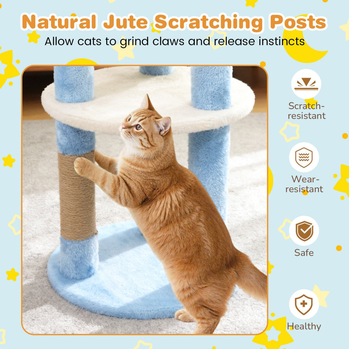 29 Inches Cute Modern Cat Tree with Star and Moon Shaped Platforms-Blue view 7