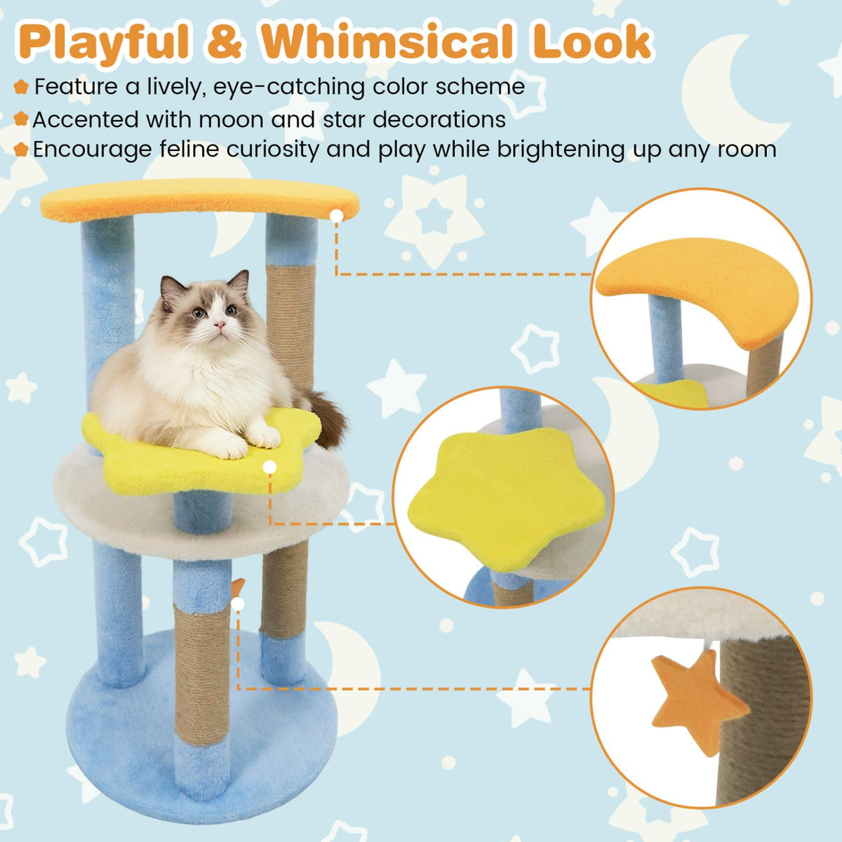 29 Inches Cute Modern Cat Tree with Star and Moon Shaped Platforms-Blue view 8